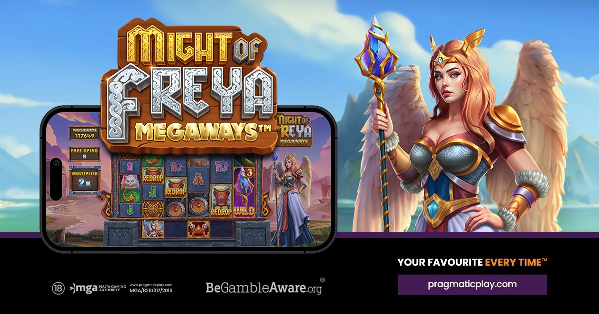 Bannière promotionnelle de Might of Freya Megaways avec la déesse Freya et la grille Pragmatic Play en action