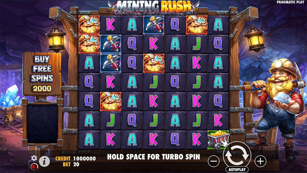 Grille 7x7 de Mining Rush en attente de lancement, avec le vieux mineur et le décor de mine Far West