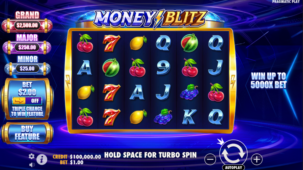 Grille 6×4 de Money Blitz en jeu de base avec symboles Money et Collect visibles sur les rouleaux latéraux