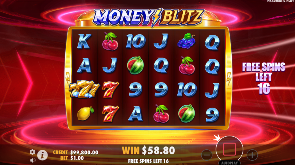 Écran Multiplier Wild Free Spins de Money Blitz avec Wilds multiplicateurs actifs pendant les tours gratuits