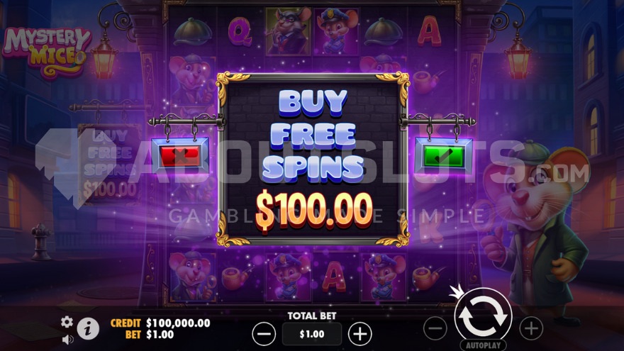 Menu Bonus Buy de Mystery Mice affichant l'option d'achat direct des Free Spins à 100x la mise