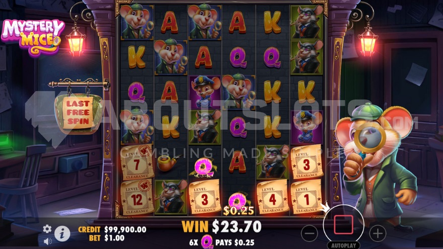 Écran Free Spins de Mystery Mice avec Power Wilds collants et compteur de tours restants visible sur la grille