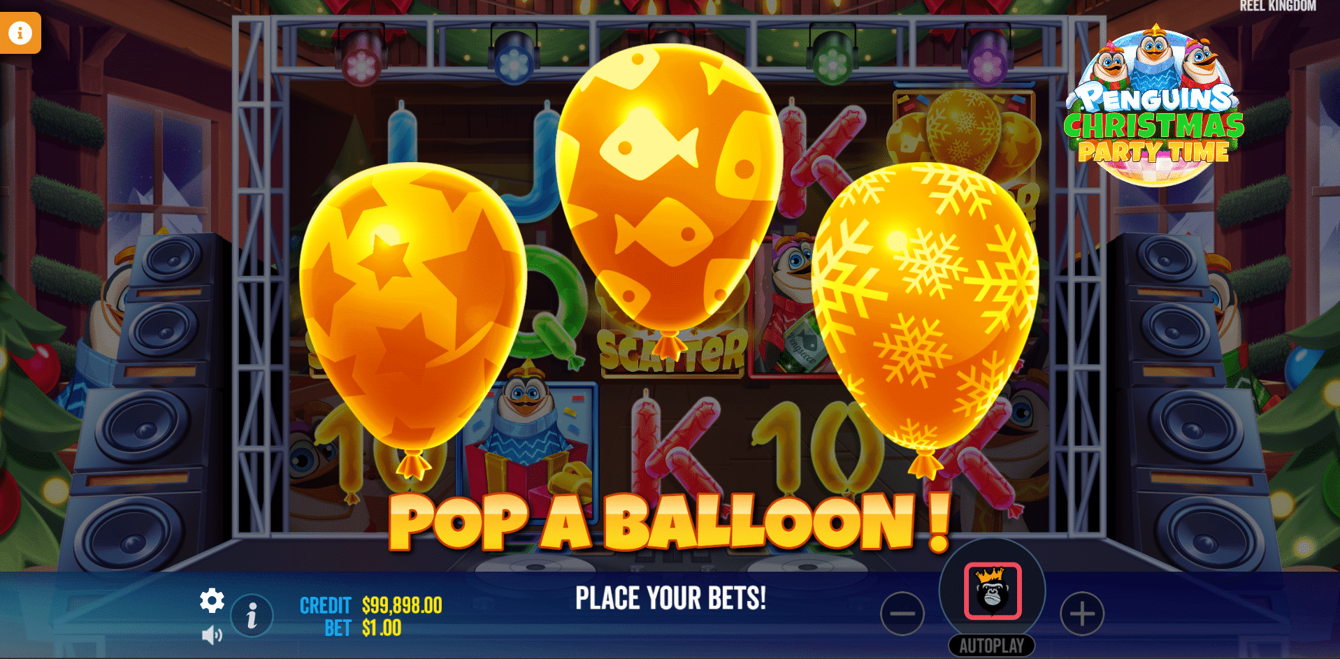 Écran de sélection du bonus Penguins Christmas Party Time montrant les trois choix de modificateur de free spins