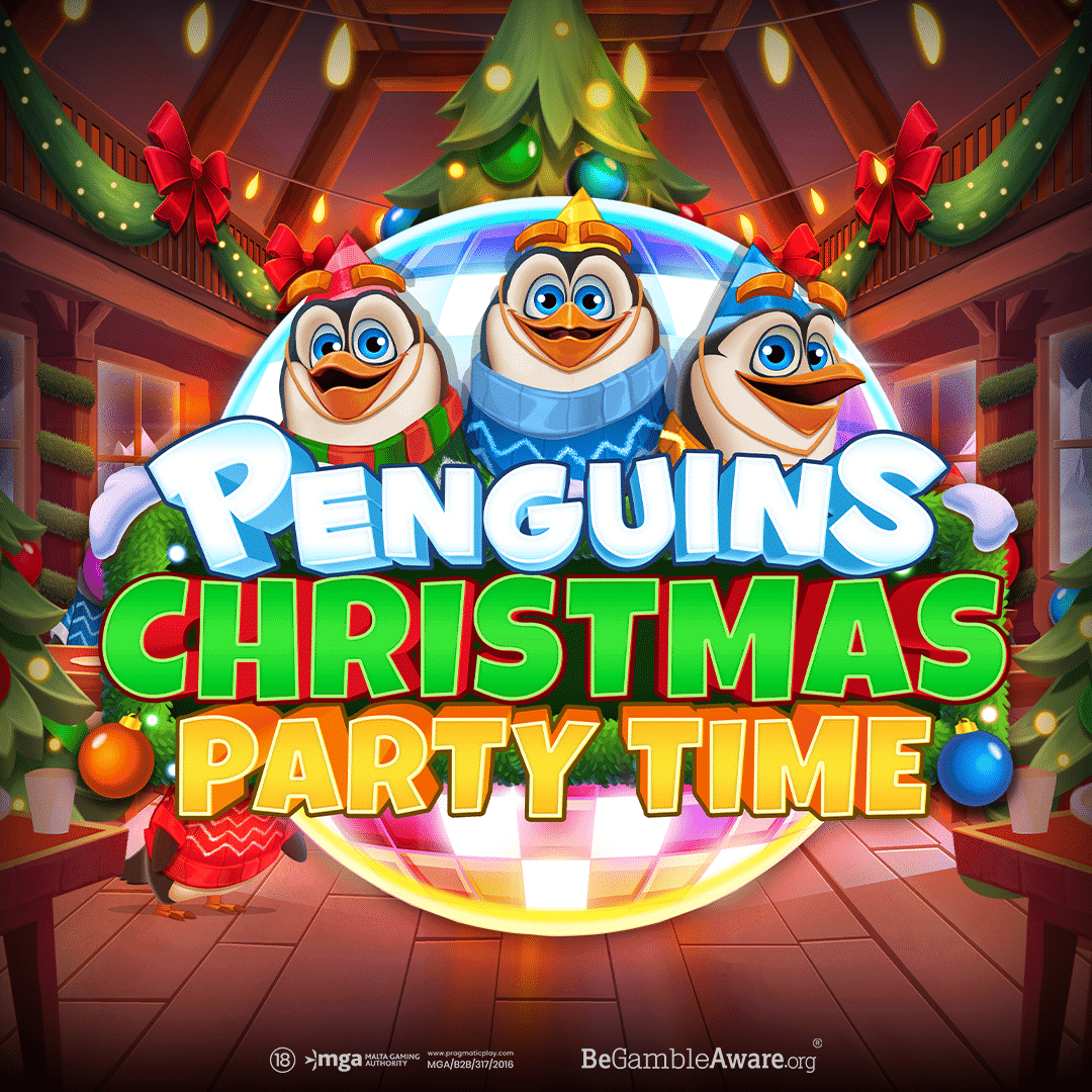 Grille 5x3 de Penguins Christmas Party Time avec ses symboles de pingouins festifs et la boule disco wild