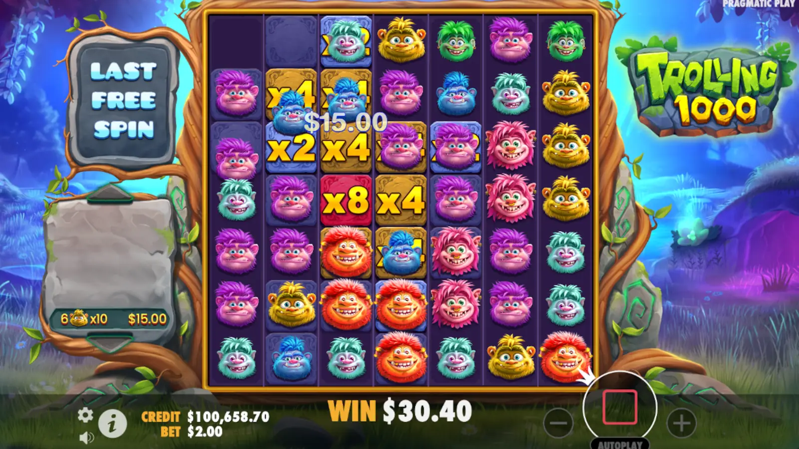 Écran de bonus Free Spins de Trolling 1000 avec multiplicateurs de position actifs sur la grille