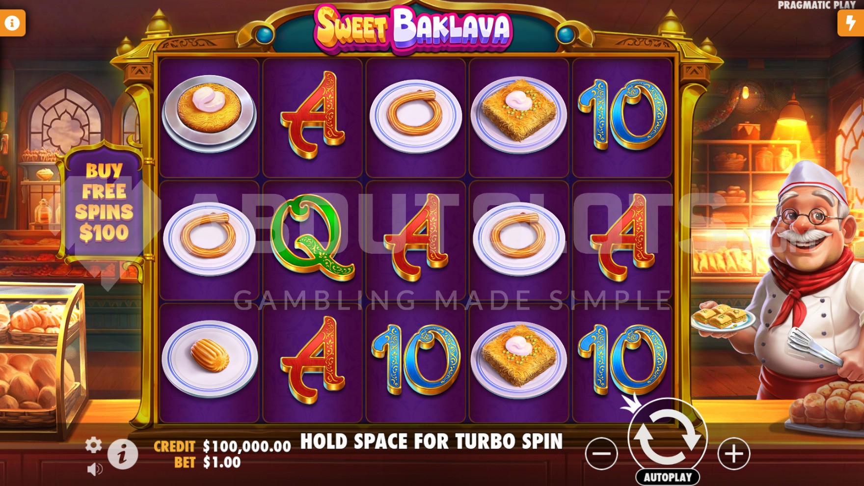 Grille 5x3 de Sweet Baklava en base game avec symboles Money Baklava chargés de valeurs et Cook Wild visible