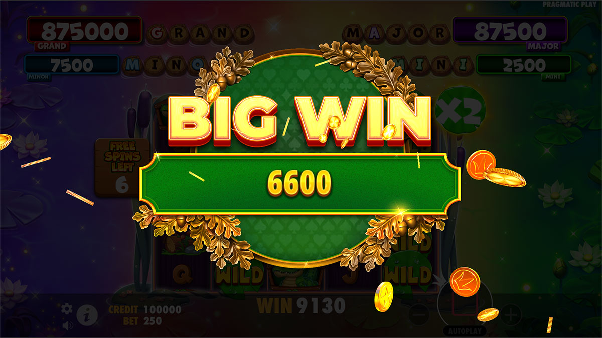 Écran Big Win sur Tiny Toads de Pragmatic Play avec le compteur de gains affiché en plein écran
