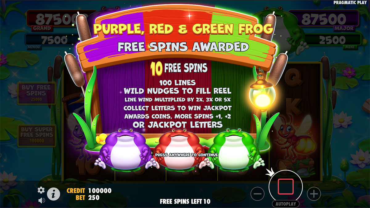 Écran free spins de Tiny Toads avec le Red Modifier actif et les golden fireflies révélant les jackpots progressifs