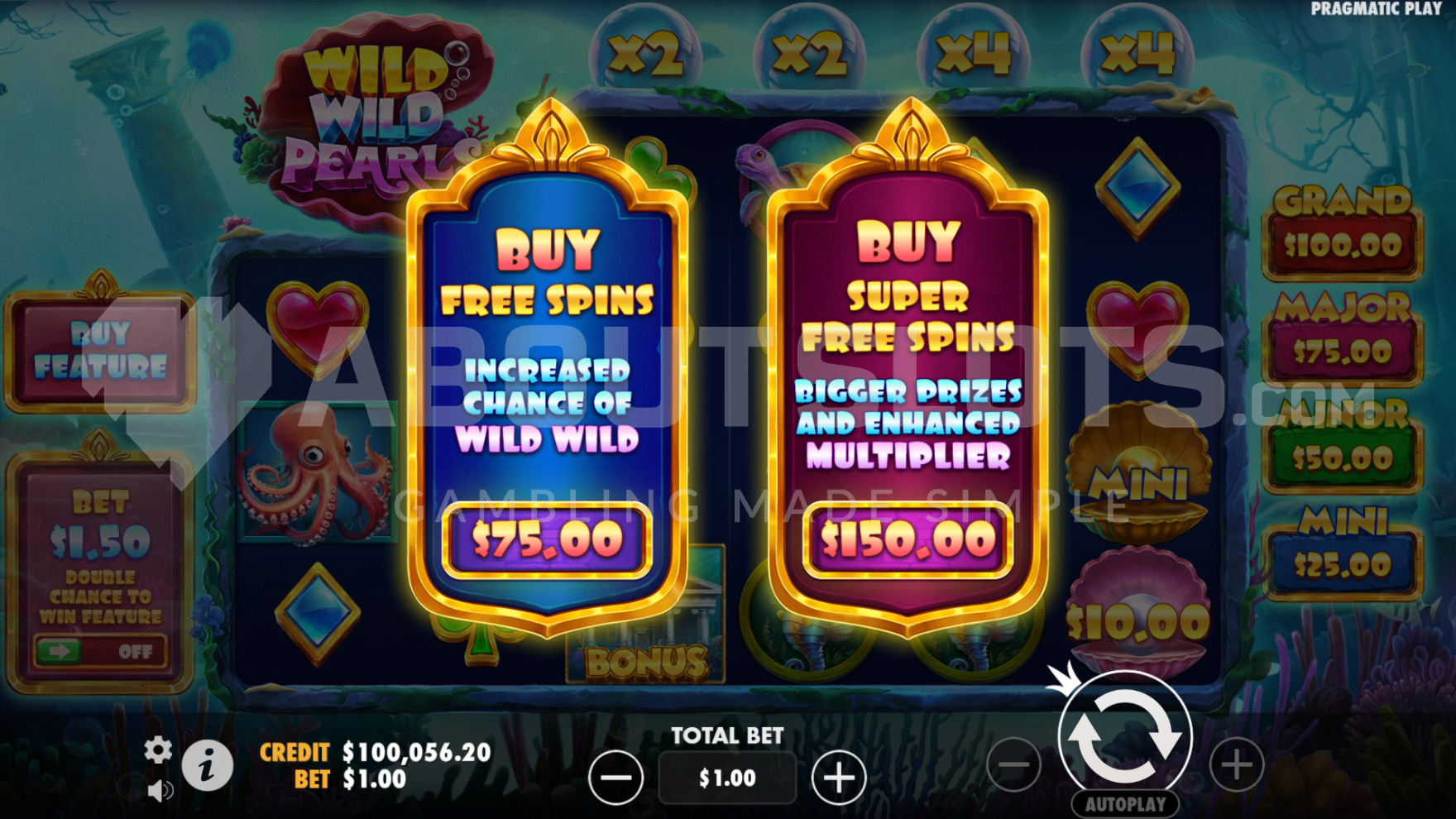 Menu Feature Buy de Wild Wild Pearls affichant les deux options d'achat de bonus à 75x et 150x la mise