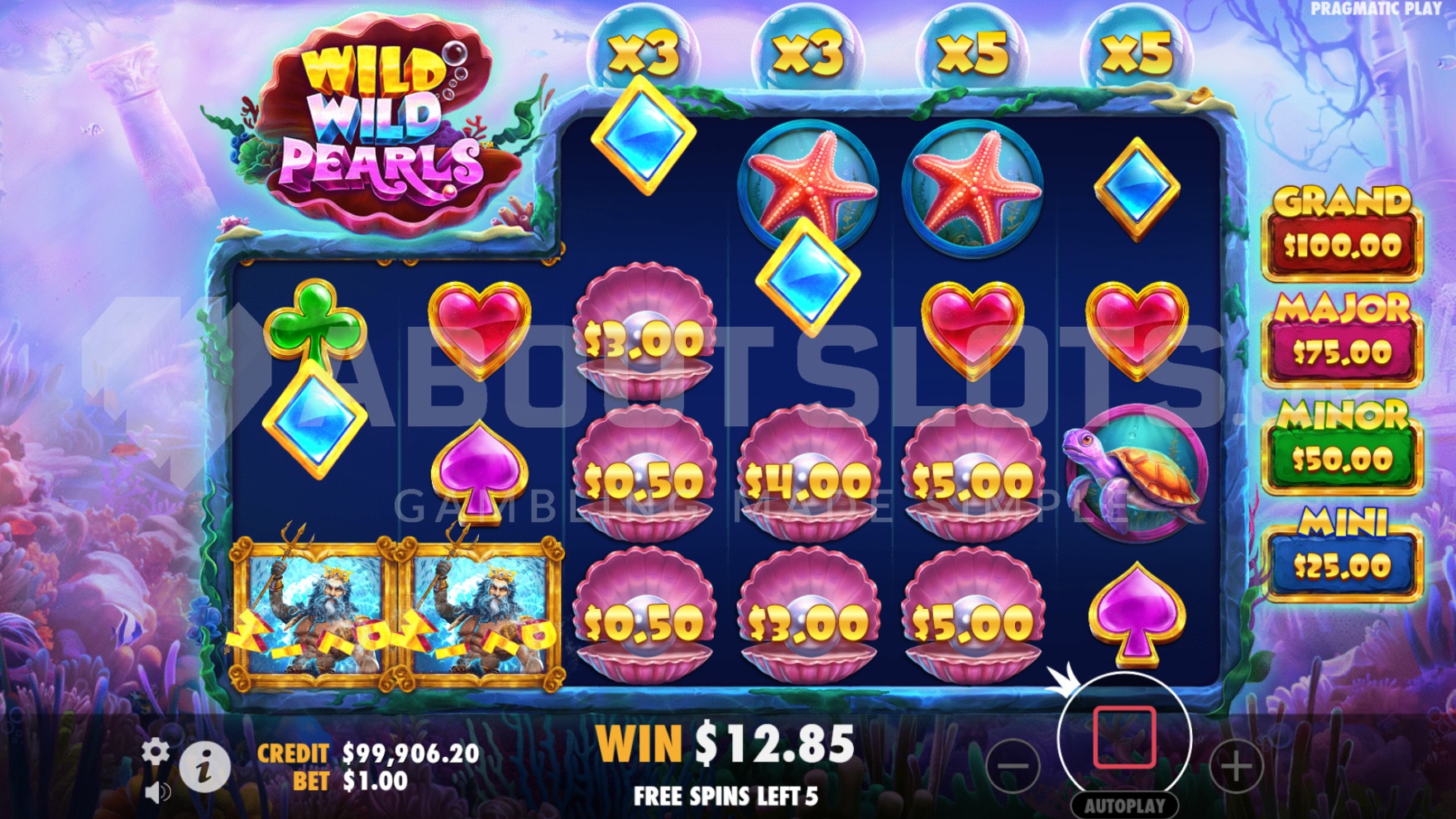 Écran free spins de Wild Wild Pearls avec multiplicateurs activés et perles à haute valeur sur les rouleaux