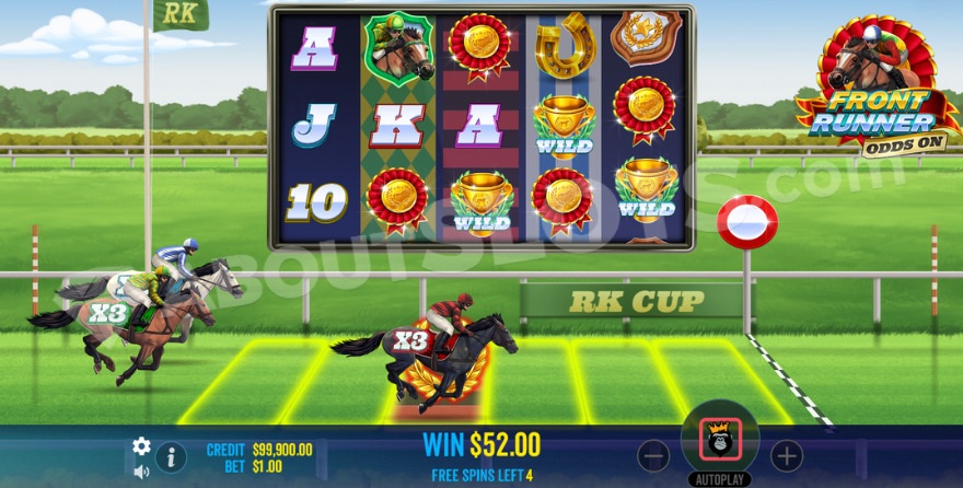 Écran de free spins de Front Runner Odds On avec trois chevaux sur la piste et les multiplicateurs x3 activés