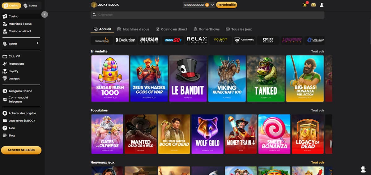 Lobby de Lucky Block Casino avec filtres par catégorie et sélection de machines à sous en vedette
