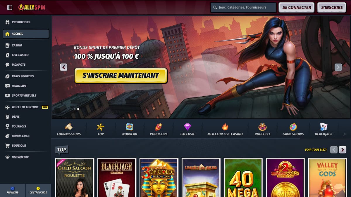 Interface du lobby AllySpin Casino avec les catégories de jeux et la barre de navigation principale