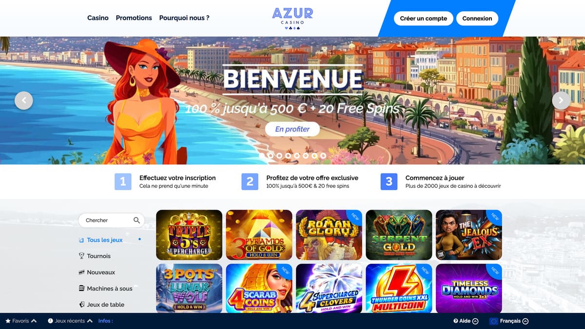 Interface du lobby Azur Casino avec la sélection de jeux de casino organisée par catégories