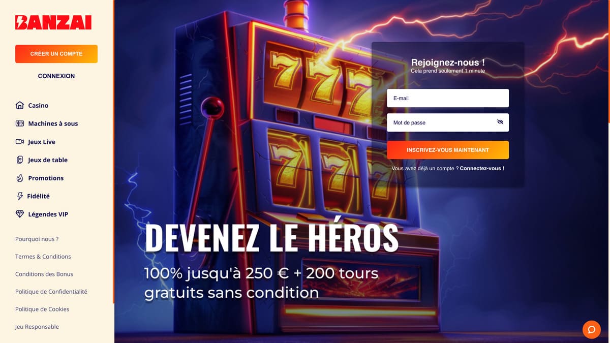 Lobby de Banzai Casino avec sélection de machines à sous et accès direct au casino en direct