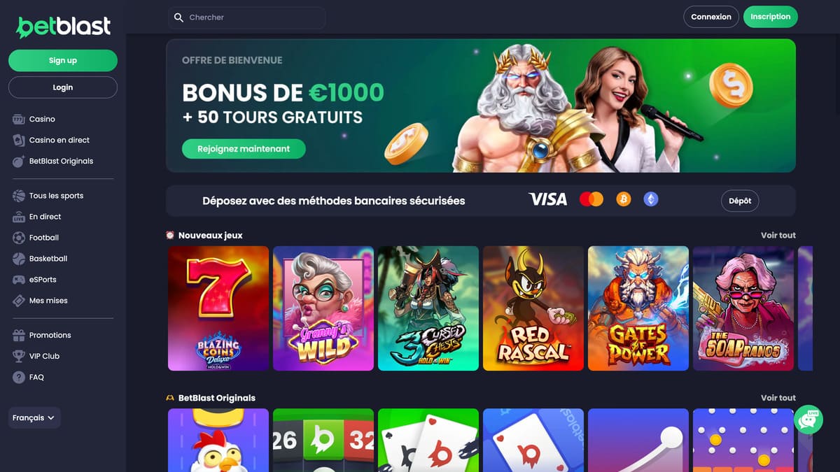 Interface du lobby de Betblast Casino avec les catégories de jeux et le menu de navigation principal
