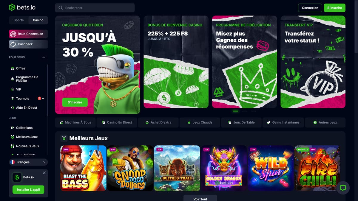 Interface principale du lobby de Bets.io avec la grille de jeux et le menu de navigation latéral
