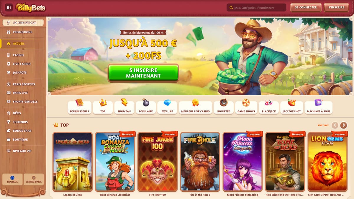Interface principale du lobby BillyBets casino avec la section machines à sous et paris sportifs