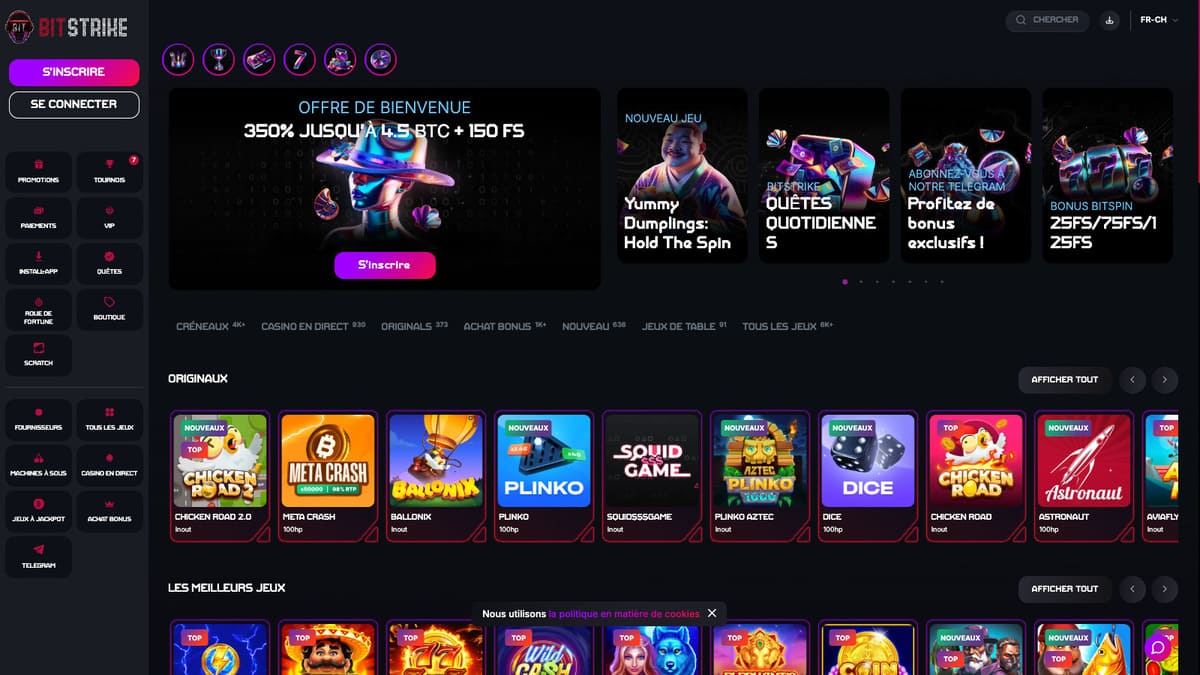 Interface du lobby de Bitstrike Casino avec l'ambiance néon futuriste et la navigation principale par catégories de jeux