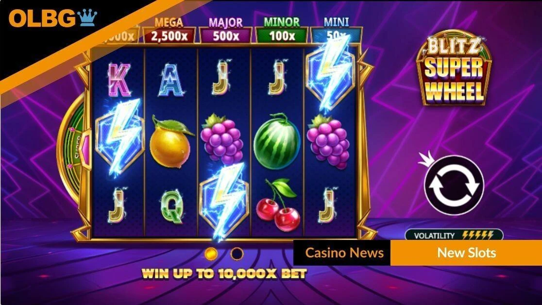Écran de jeu Blitz Super Wheel avec la roue centrale et les symboles fruits néon sur la grille 5x3