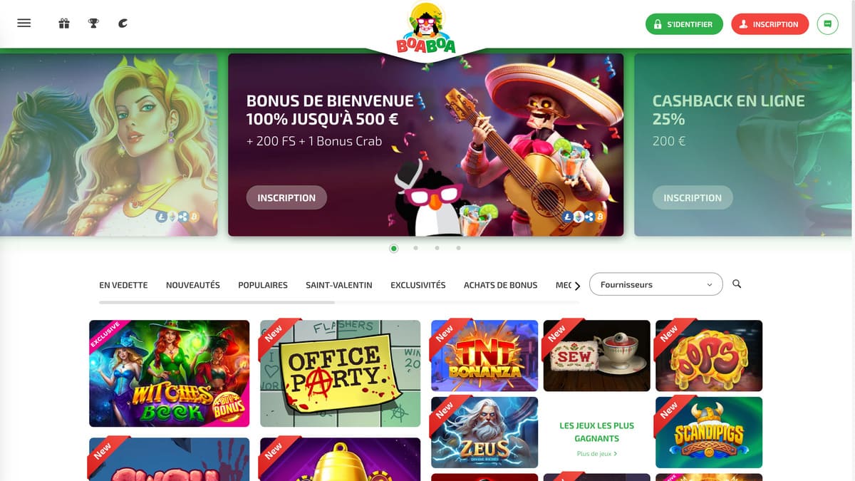 Interface du lobby de BoaBoa Casino avec la grille de jeux et la barre de navigation latérale