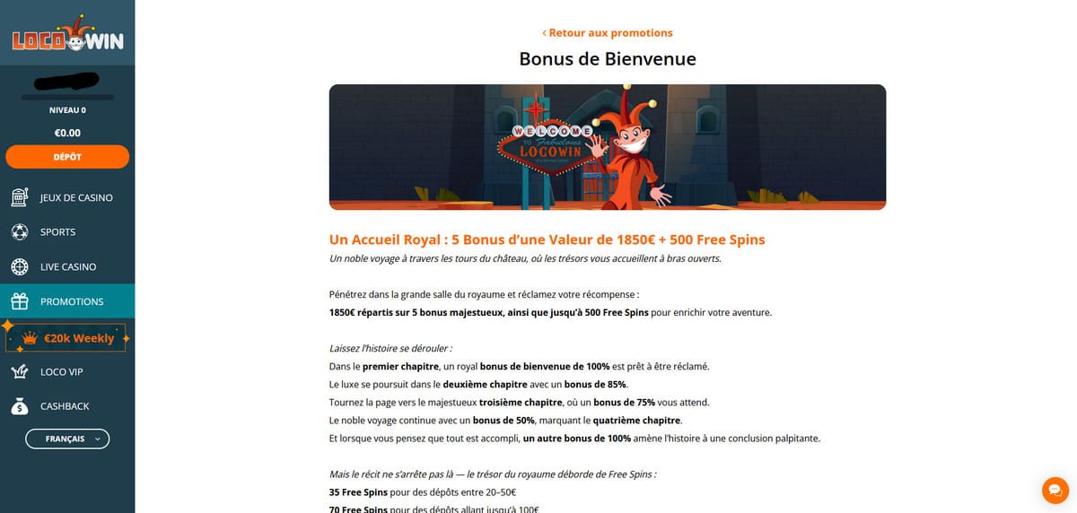 Page du bonus de bienvenue de LocoWin Casino affichant le pack 1 850 € et 500 free spins sur 5 dépôts