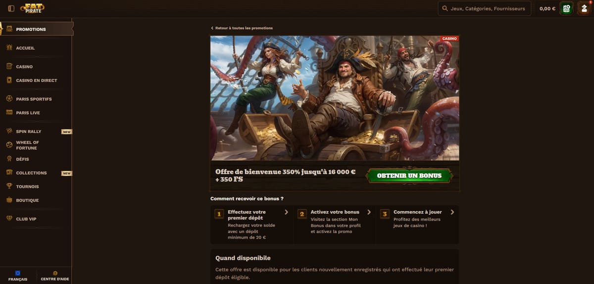 Page de bonus de bienvenue FatPirate présentant le pack en 4 dépôts jusqu'à 16 000 euros et 350 tours gratuits