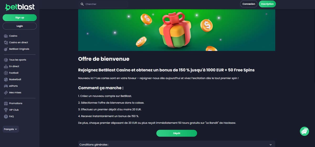 Page du bonus de bienvenue de Betblast Casino présentant l'offre 150% jusqu'à 1 500 € et les 50 tours gratuits