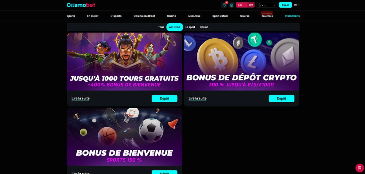Page du bonus de bienvenue Cosmobet affichant le pack 4 dépôts jusqu'à 2 000 euros plus 1 000 tours gratuits avec wager x30