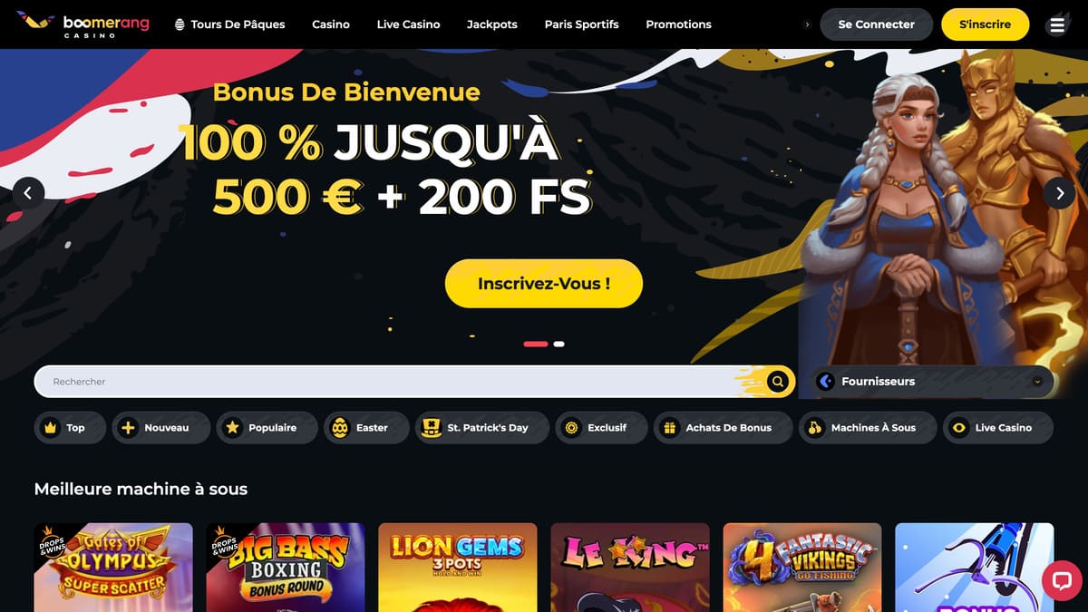 Lobby de Boomerang Casino avec la sélection de jeux en avant-plan, interface desktop complète