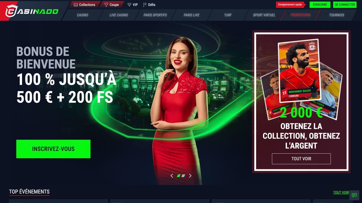 Lobby de Casinado casino affichant les catégories de jeux et la navigation principale