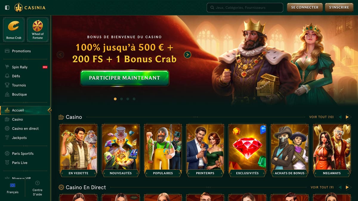 Lobby du casino en ligne Casinia avec la galerie de jeux et les offres promotionnelles mises en avant