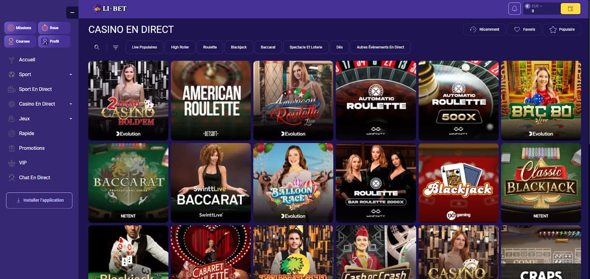 Interface du casino en direct LiBet Casino avec les tables Evolution et Pragmatic Live en temps réel
