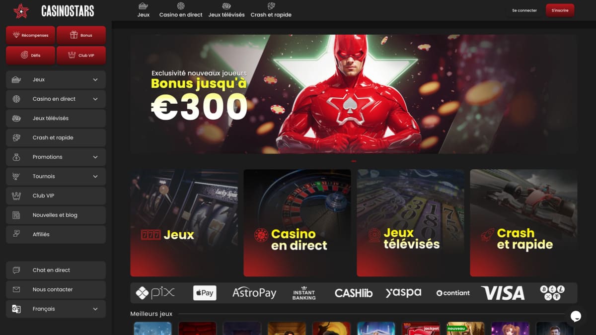 Interface du lobby de Casinostars avec les catégories de jeux et les filtres fournisseurs visibles