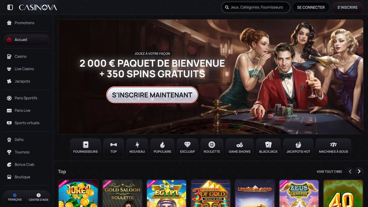 Interface lobby de Casinova casino en ligne avec la section machines à sous et navigation principale