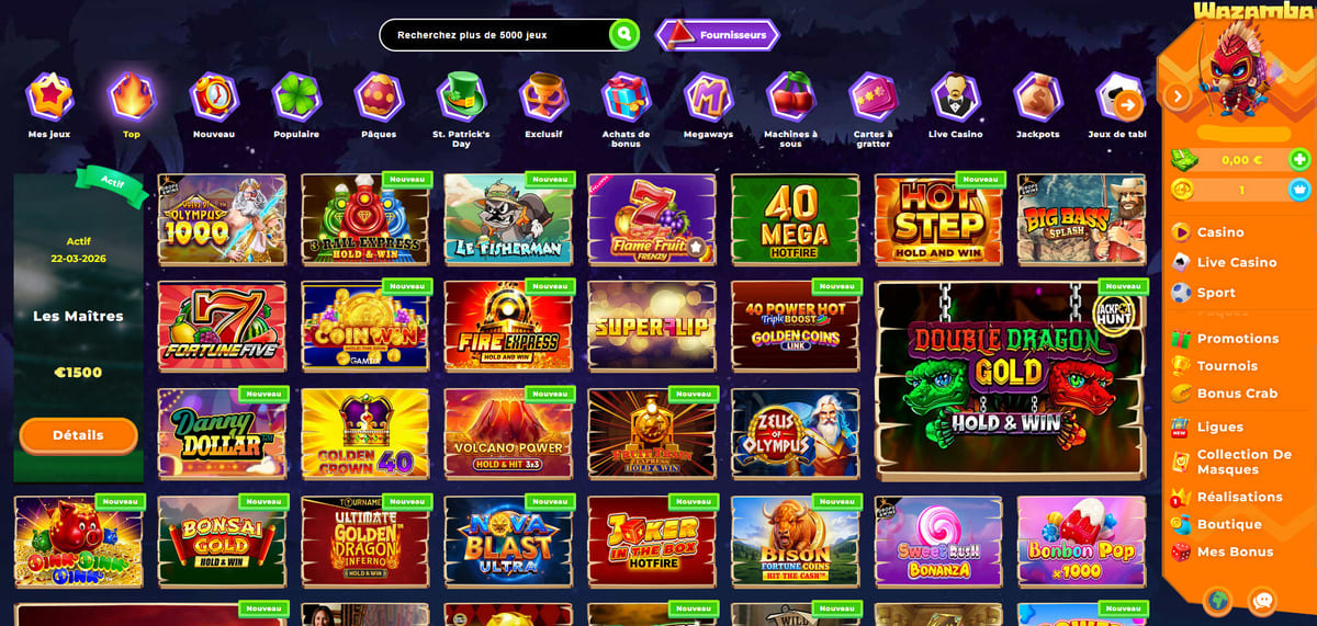 Catégories de jeux disponibles sur Wazamba Casino : machines à sous, casino en direct, jeux de table et mini-jeux
