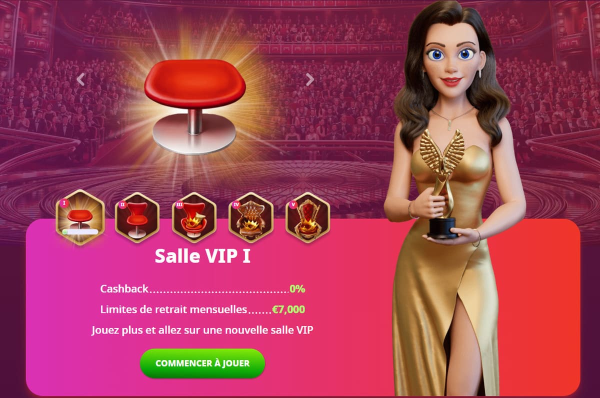 Programme VIP de Casino Infinity affichant les cinq paliers Bronze, Argent, Or, Platine et Diamant avec leurs avantages exclusifs