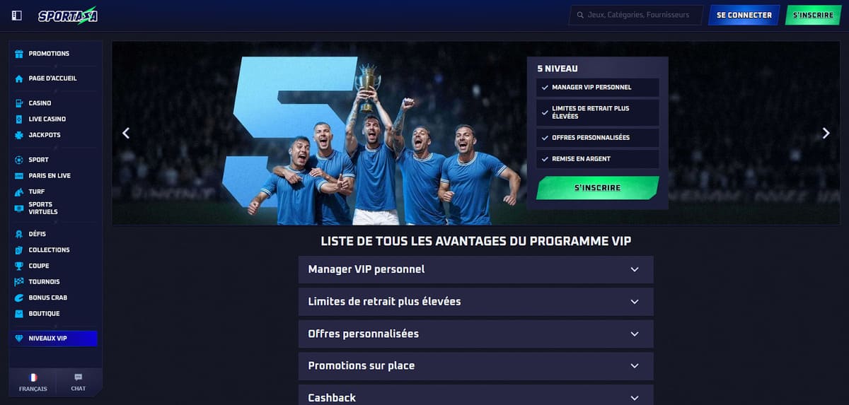Section Club VIP de Sportaza Casino présentant les 5 paliers de fidélité et leurs avantages exclusifs