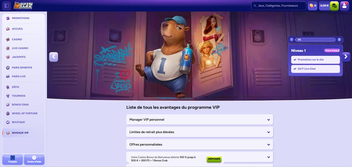 Interface du Club VIP Spinbara Casino avec les cinq paliers Bronze Argent Or Platine et Diamant