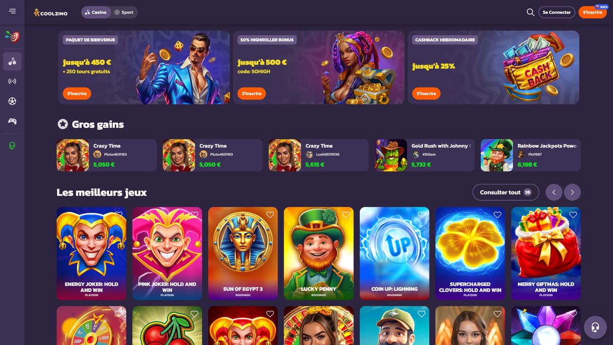 Lobby principal de Coolzino Casino avec la navigation par catégories de jeux et les promotions en bannière d'accueil