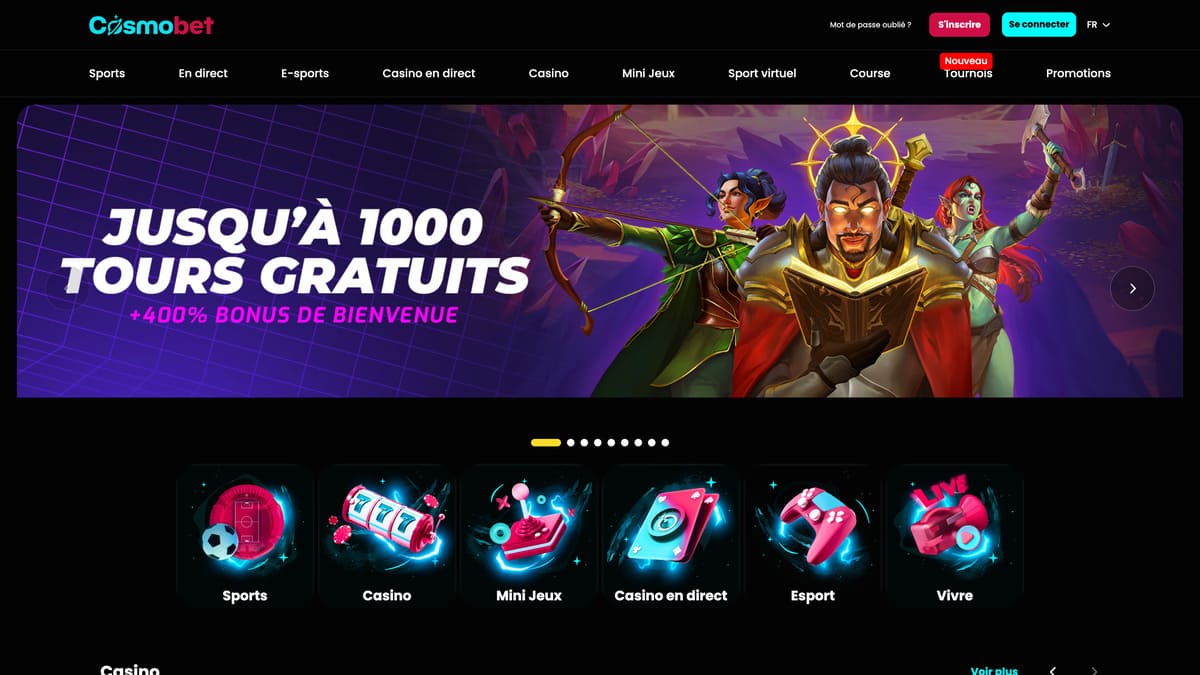 Interface du lobby principal de Cosmobet montrant la navigation entre les catégories de jeux et la sélection de slots disponibles