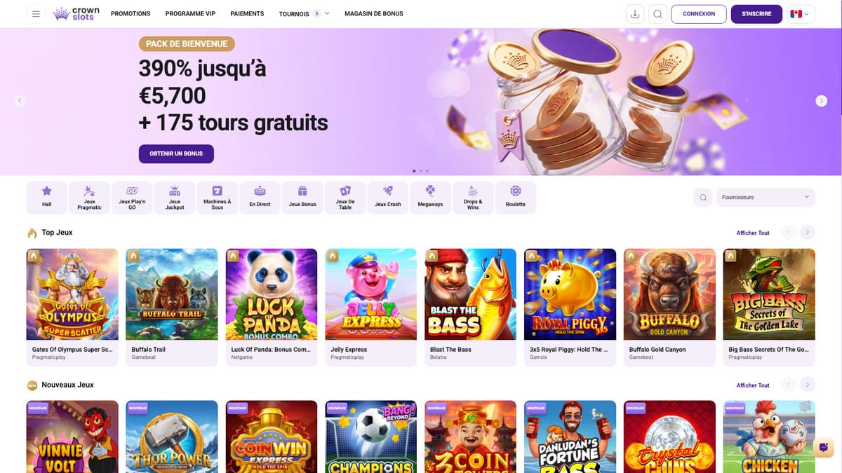 Interface du lobby de CrownSlots Casino avec la sélection des jeux par catégorie et fournisseurs