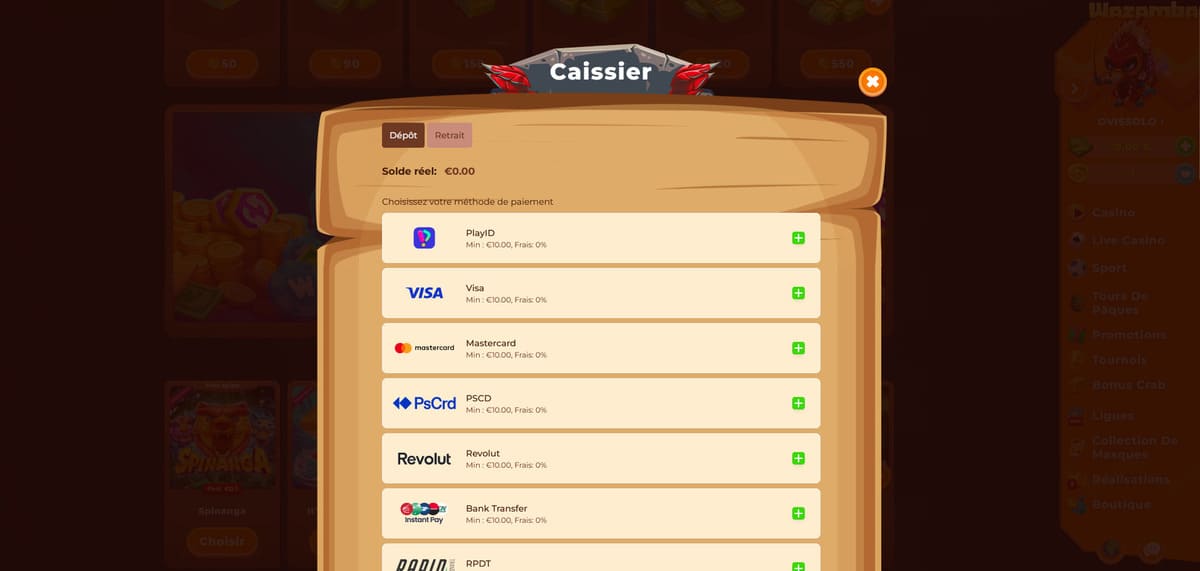 Méthodes de dépôt acceptées sur Wazamba Casino incluant cartes bancaires, cryptomonnaies et e-wallets comme Skrill et Neteller