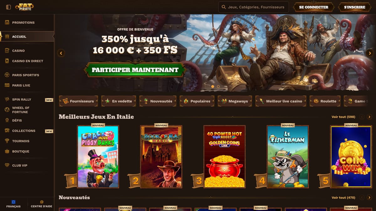 Interface du lobby FatPirate Casino avec sa sélection de 10 000 jeux et son design thème corsaire
