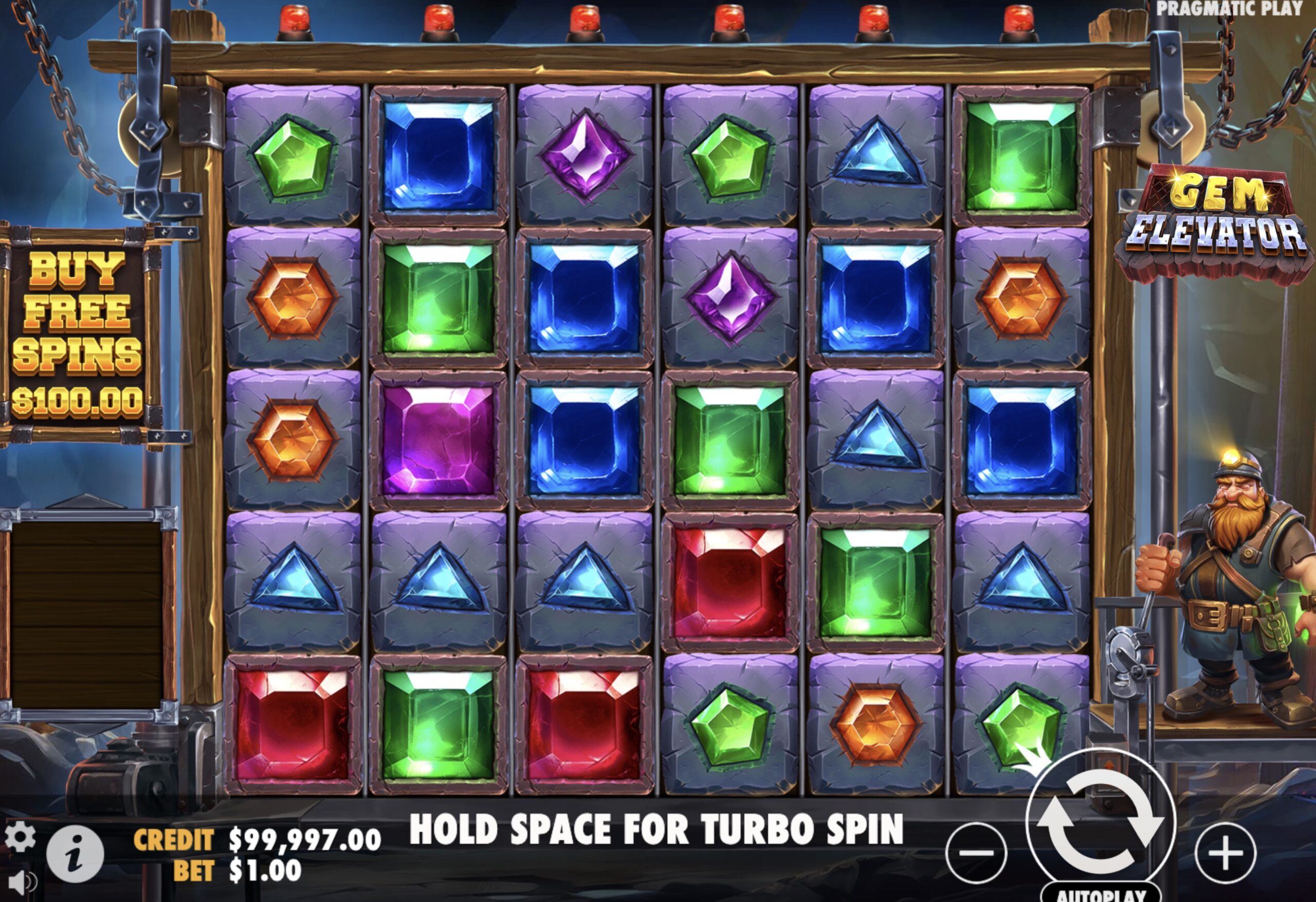 Grille 6x5 de Gem Elevator avec gemmes colorées et interface Tumble Feature de Pragmatic Play en action