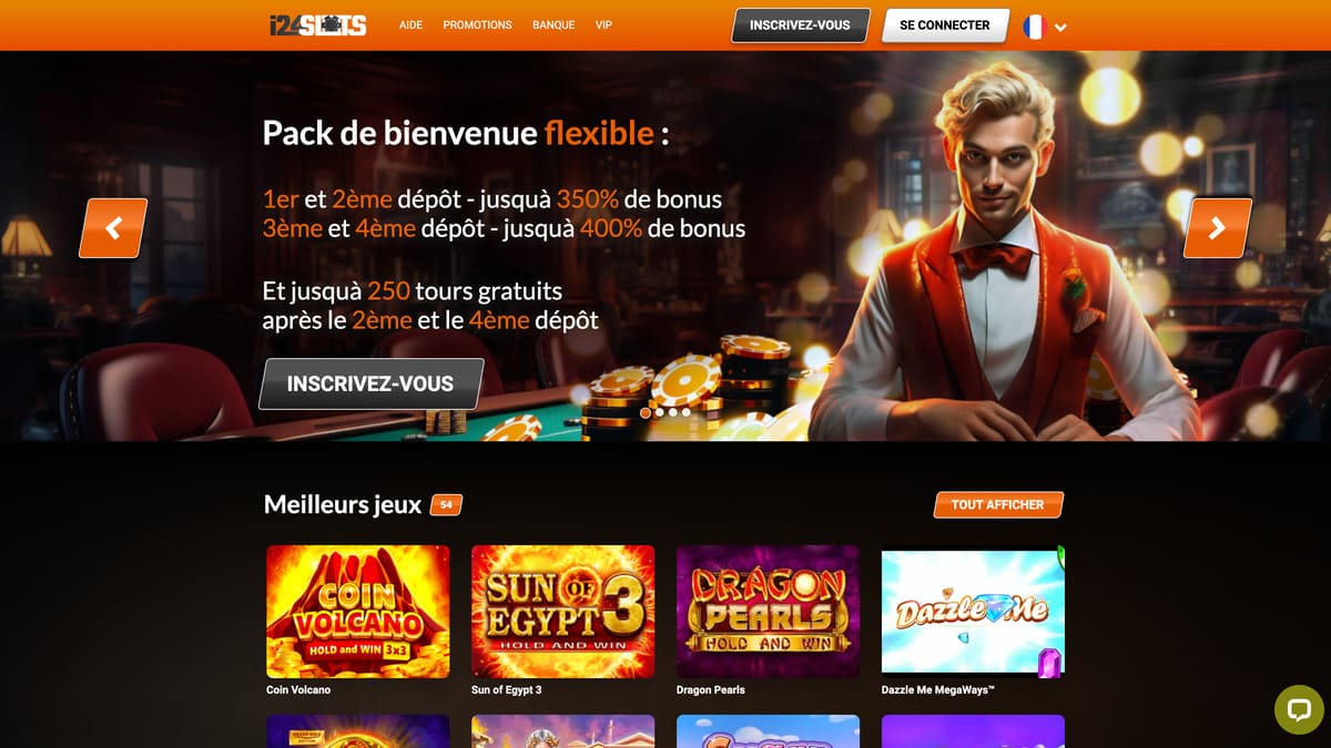 Interface lobby d'i24Slots Casino avec navigation par catégories et bannières promotionnelles