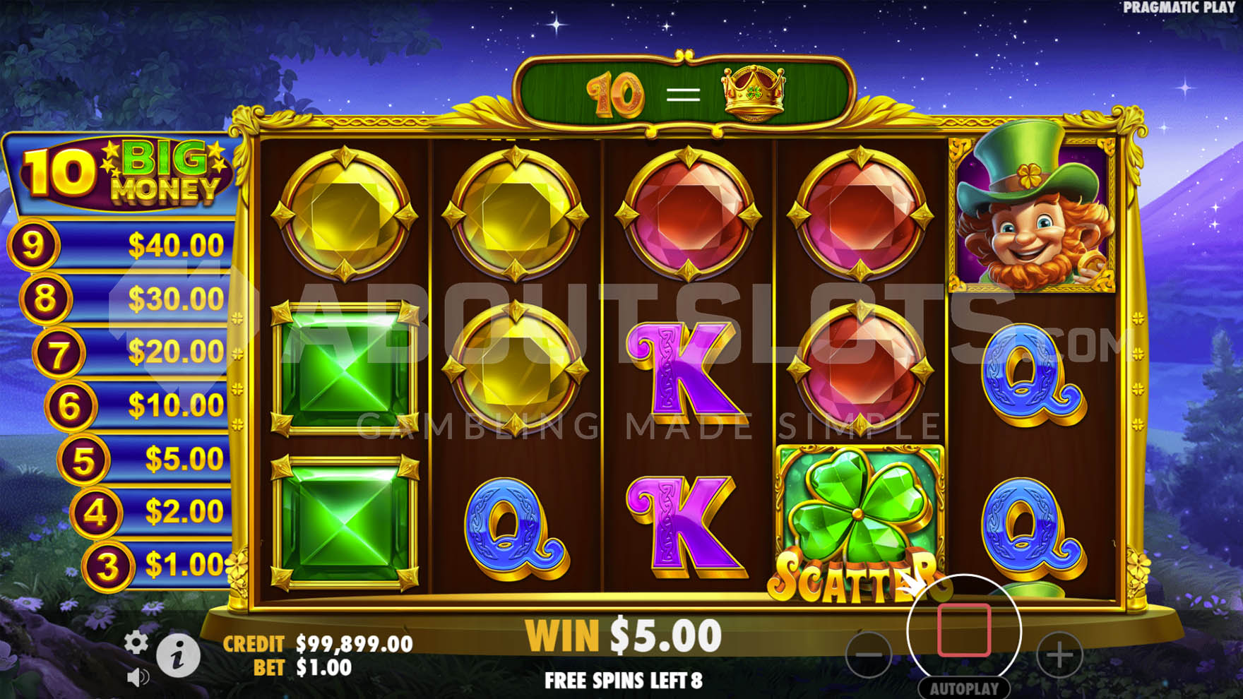 Écran de Free Spins de Irish Crown avec le compteur de tours actif et couronnes transformées par le leprechaun sur le rouleau 5
