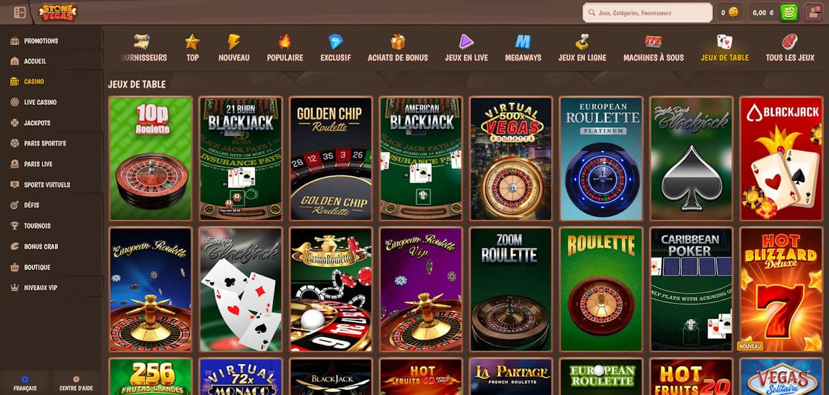 Section jeux de table de StoneVegas présentant les variantes de blackjack et roulette RNG disponibles