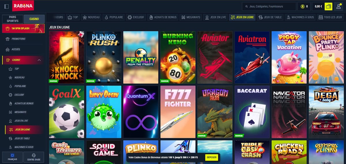 Lobby général de Rabona Casino en ligne, interface de navigation entre casino, live et paris sportifs