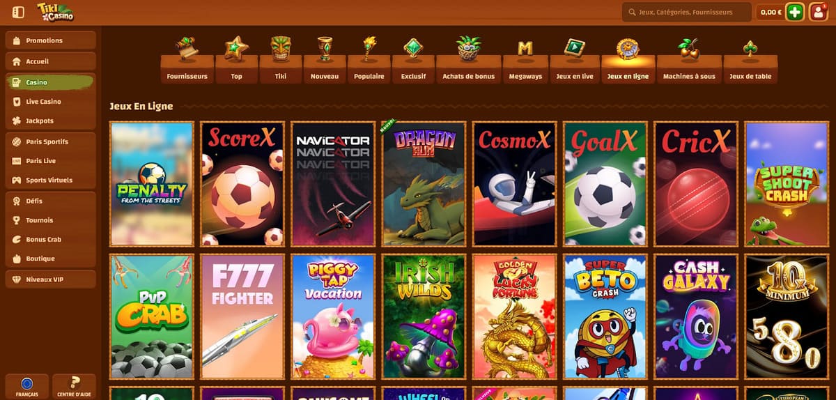 Interface des jeux en ligne de Tiki Casino avec les catégories machines à sous et live casino